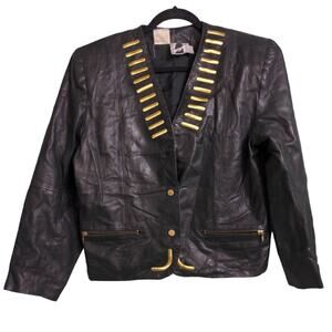 Bellino Women Leather Jacket Black Gold Buttons Pockets Embroidered Hong Kong 10